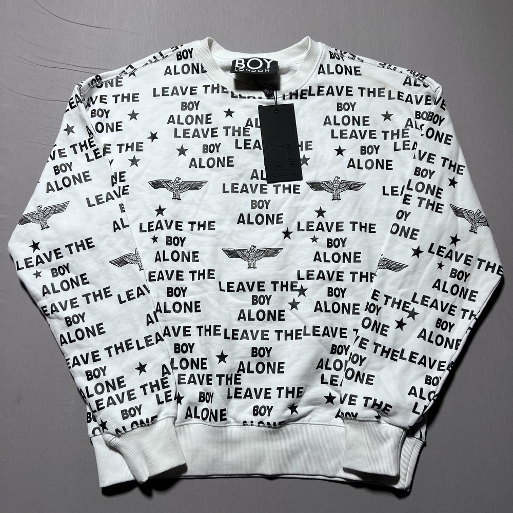 BOY London Sweatshirt Mens Small White Black Leave The Boy Alone Crewneck Logo‎